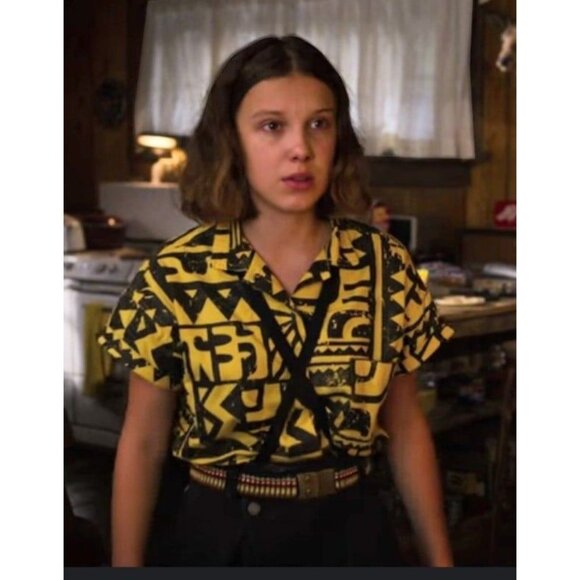 Netflix Stranger Things Men's Large Yellow Black Geometric‎ Aztec Button Shirt - Picture 2 of 11